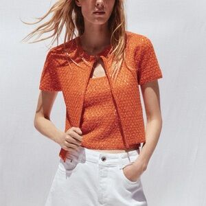 Zara NWT Orange sequin knit short sleeve top cardigan with single button